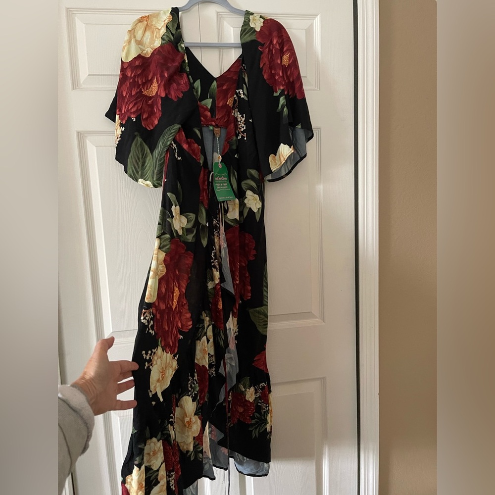 Floral Wrap Midi Dress in Black with Red & Yellow Blooms - Picture 4 of 6